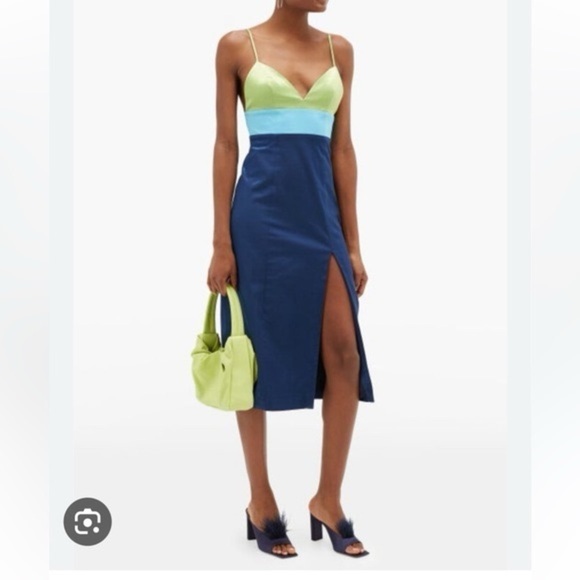 STAUD Ellis Colorblock Satin Blue and Green Slip Dress Size US12 NWT - Picture 3 of 11
